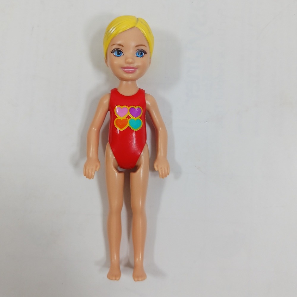 Mattel Barbie Chelsea Doll Red Molded Heart Swimsuit Blonde Blue Eyes 2019
